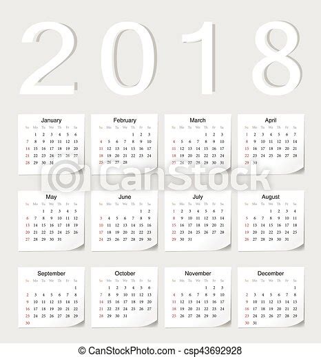 European 2018 Calendar European 2018 Vector Calendar With Shadow