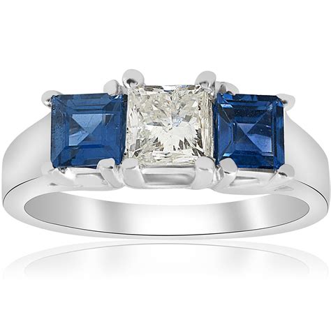 1 12ct Princess Cut Diamond And Blue Sapphire 3 Stone Ring 14k White Gold