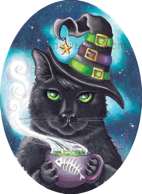 Witch Cat Art Print Black Cat Halloween Art Fishbone Cauldron Etsy