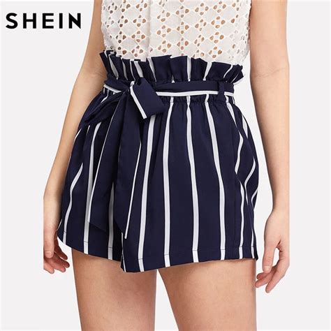Shein Belted Ruffle Waist Striped Boho Shorts Women Navy High Waist Loose Bottom Shorts 2018