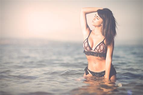 Wallpaper Tanned Sea Belly Pierced Navel Bikini Closed Eyes Women Outdoors Armpits