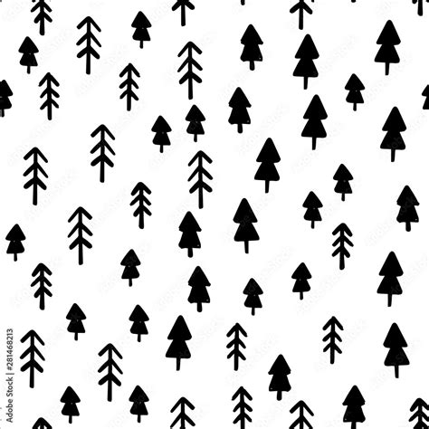 Hand Draw Christmas Tree Seamless Pattern In Black And White Colors