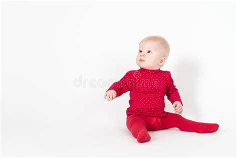 Cute Sitting Baby In Red On White Background Stock Photo Image Of