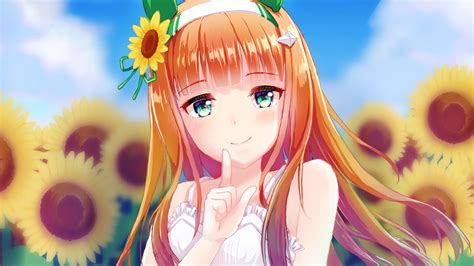 Redhead Blue Eyes Anime Girl In Sunflowers Field Background Hd Anime