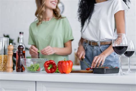 Cropped View Of Lesbian Couple Cooking Stock Image Image Of People Kitchen