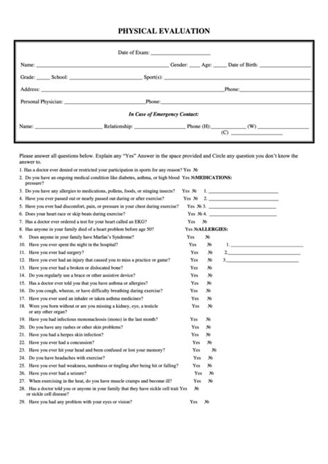 Physical Evaluation Form Printable Pdf Download