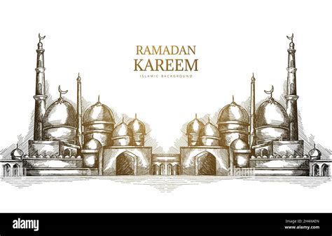 Hand Drawn Ramadan Kareem And Mosque Sketch Background Stock Vector