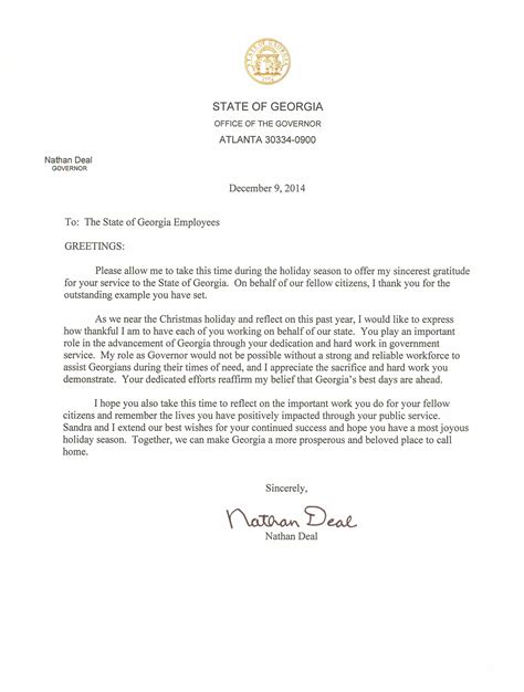 Holiday Season ‘thank You Letter To State Employees From Governor Deal