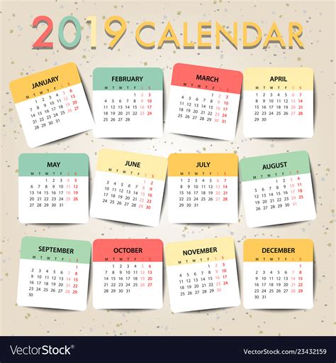 Pastel Color Calendar For 2019 Template Design Vector Image
