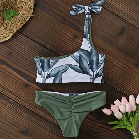 One Shoulder Push Up Print Brazilian Bikini Set Elcune
