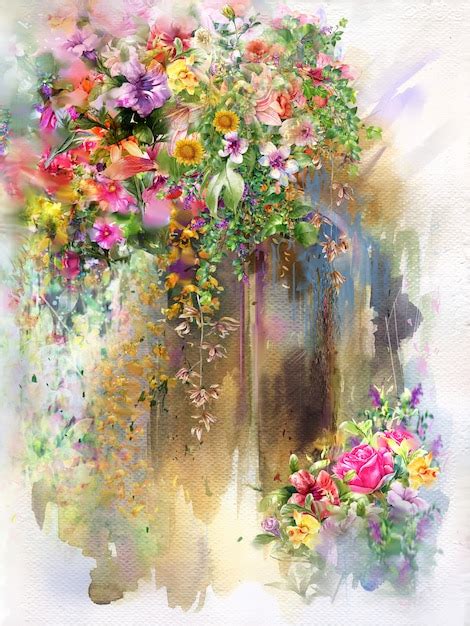 Abstract Flowers On Wall Watercolor Painting Spring Multicolored