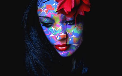 Women Face Looking Down Colorful Flower In Hair Red Lipstick Face