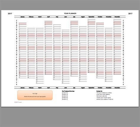 Year Planner Template 2017 Excel Printable File Infozio