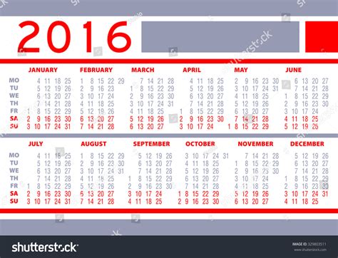 Calendar Year 2016 Week Starts Monday Stock Vector