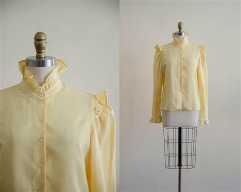 70s yellow ruffled high collar prairie blouse roman… gem