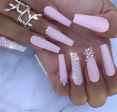 Light Pink Coffin Nails With Rhinestones Free Shipping Orders 99