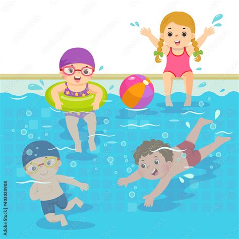 Vector Illustration Cartoon Of Happy Children Swimming In The Pool