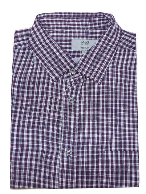 Marks And Spencer Mand5 Purple Mens Pure Cotton Checked Short Sleeve Shirt Size Medium To Xlarge