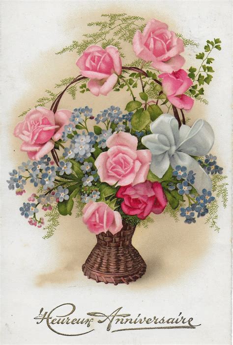 1940 Heureux Anniversaire Fleurs Roses Et Myosotis Dans Vase Osier