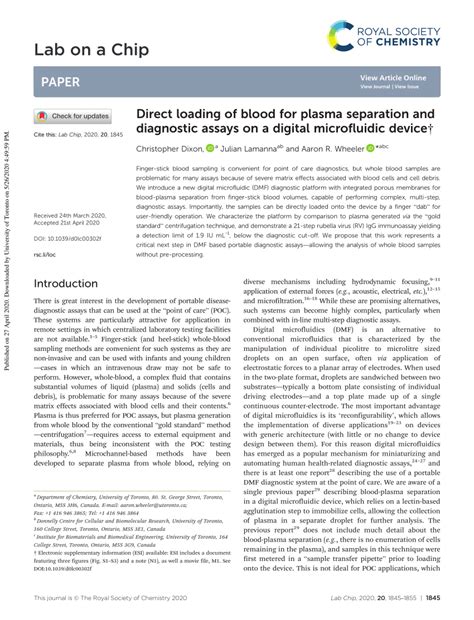 Pdf Direct Loading Of Blood For Plasma Separation And Diagnostic