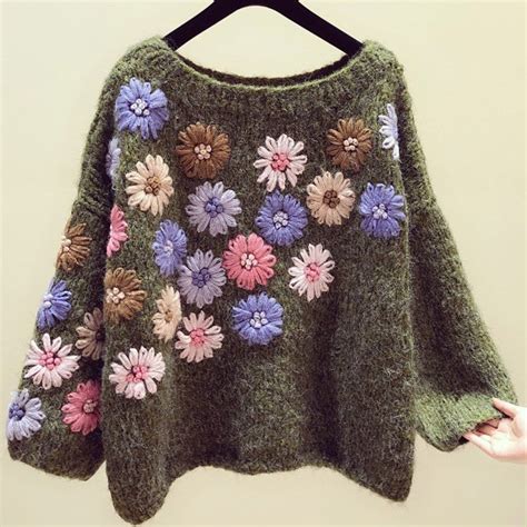 Babakud Handmade Flower Embroidery Autumn Winter Loose Sweater