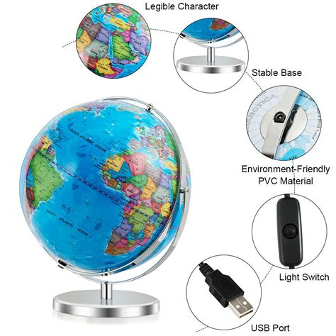 13 Illuminated World Globe 720° Rotating Map With Led Light