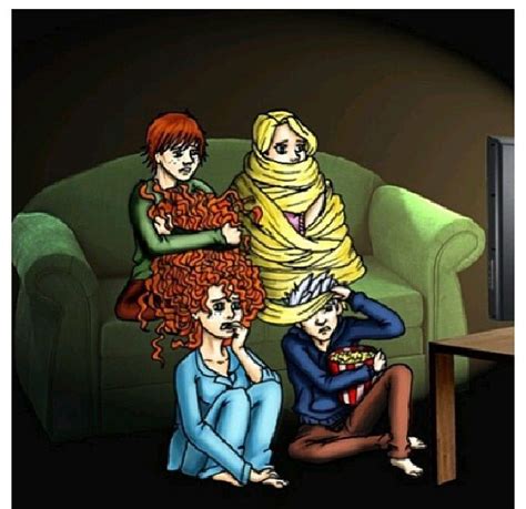 Hiccup Rapunzel Merida And Jack Frost Watching A Scary Movie The Big Four Disney