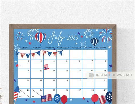 July 2023 Calendar Independence Day Patriotic 4th Of July Us Etsy Canada