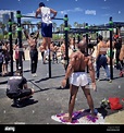 Athletes and bodybuilders work out in public at the famous open air gym ...