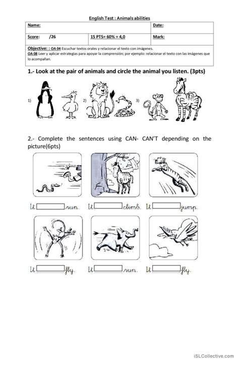 Animals Can Cant Test English Esl Worksheets Pdf And Doc
