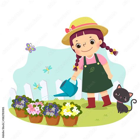 Vector Illustration Cartoon Of A Little Girl Watering Plant Kids Doing