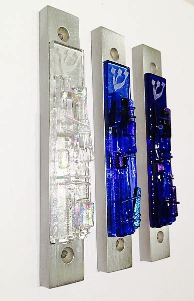 Western Wall Mezuzah In Cool Tones By Alicia Kelemen Art Glass Mezuzah