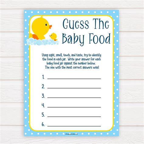 Guess The Baby Food Game Rubber Ducky Printable Baby Shower Games