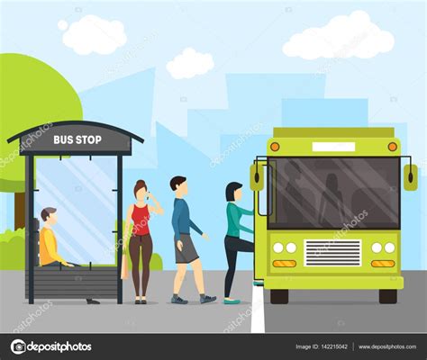 Parada De ônibus Dos Desenhos Animados Com Transporte E Pessoas Vetor Vetores De Stock De