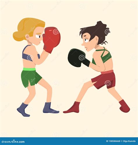 Two Girls Boxing Vector Cartoon Illustration