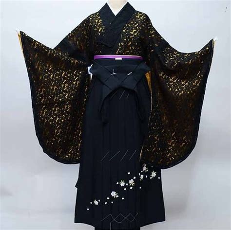 Furisode Kimono And Hakama Jyuban Furisode Black Womens Etsy