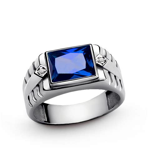 Mens Sapphire Ring With Genuine Diamonds In 925 Sterling Silver J F M