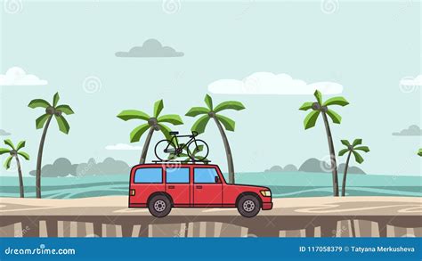 Animated Red Suv Car With Bicycle On The Roof Trunk Riding On The Beach