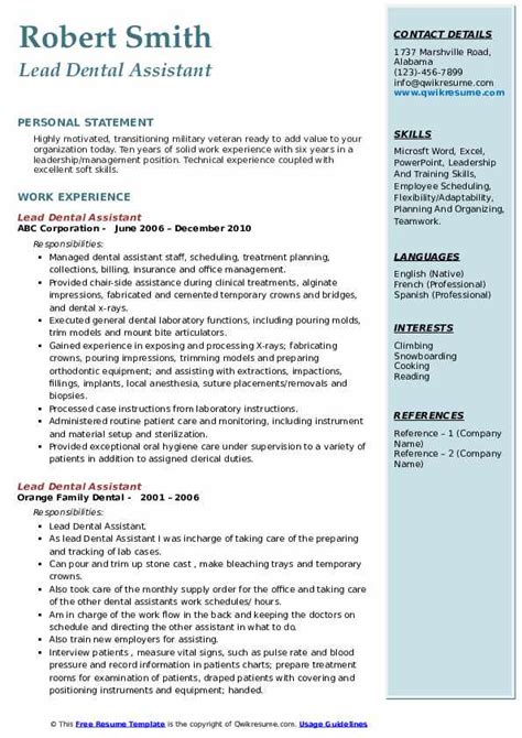 How to list your work experience as a dental assistant. Entry Level Dental Assistant Resume Template