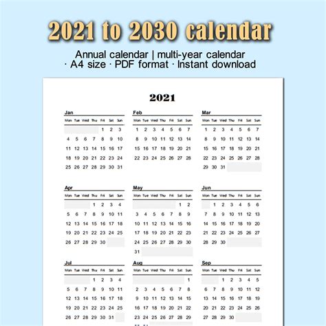 Multi Year Annual Calendar Editable 2021 To 2030 Selection Excel