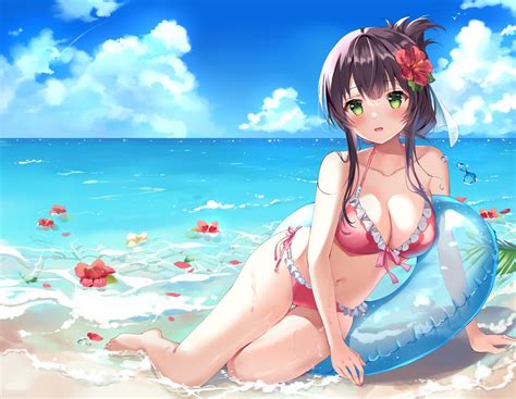 Aliasing Beach Bikini Blush Breasts Cleavage Clouds Flowers Green Eyes