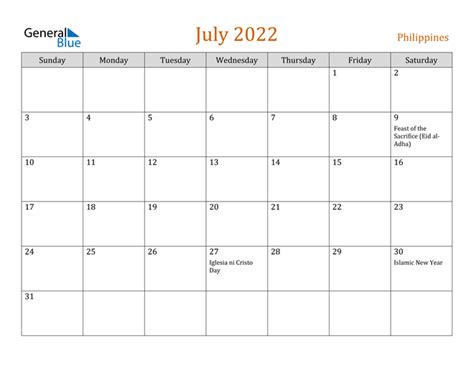 July 2022 Calendar With Philippines Holidays