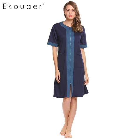 Ekouaer Casual Women Nightgown Sleepwear O Neck Short Sleeve Nightwear Solid Zipper Pocket Night