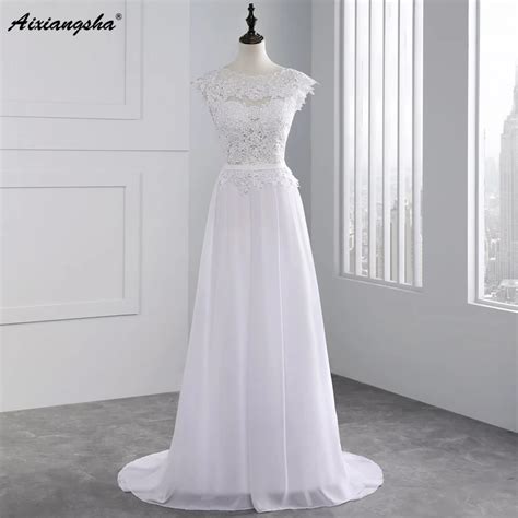 Stunning A Line Cap Sleeve Chiffon Lace Backless Wedding Dress