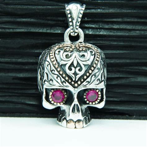Ruby Cz Eyes Sugar Skull 925 Sterling Silver Pink Gold Plated Pendant