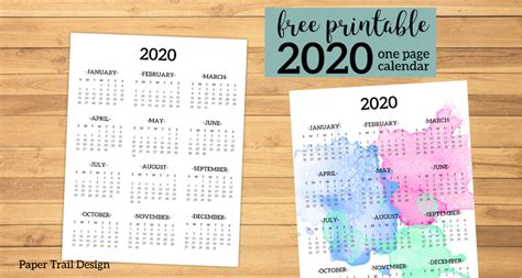 Calendar 2020 Printable One Page Paper Trail Design