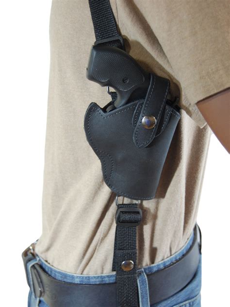 Black Leather Vertical Shoulder Holster With Speed Loader Pouch For 2