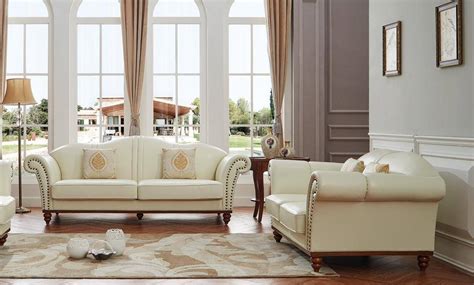 Esf 2601 Ivory Italian Leather Living Room Sofa Set 2pcs