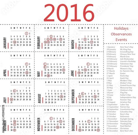 2016 Calendar Template With Holidays Observances And Events Stock