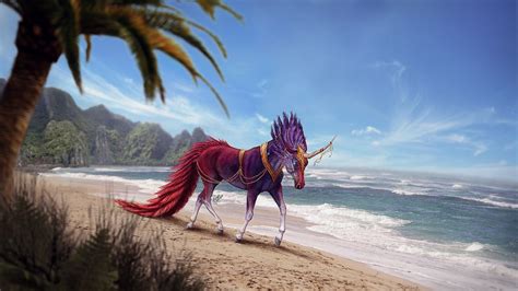 Download 1920x1080 Unicorn Creature Ocean Waves Beach